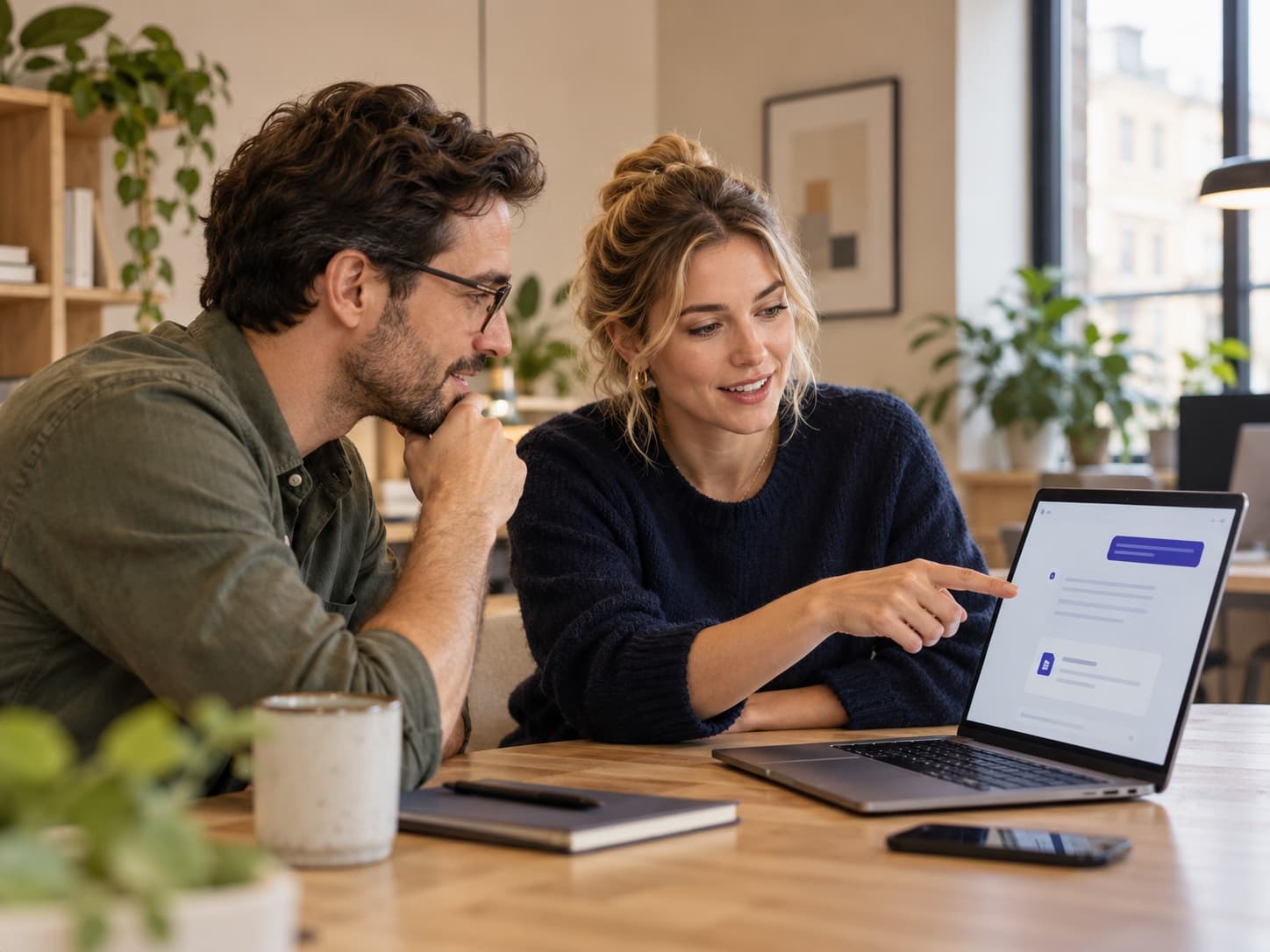 Zwei Kollegen nutzen gemeinsam einen Assistenten am Laptop